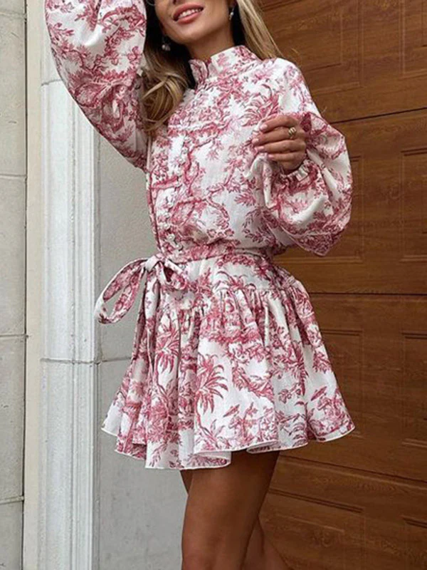 Loose Puff Sleeves Pleated Printed Split-Joint Tied Waist Stand Collar Mini Dresses - Image 4
