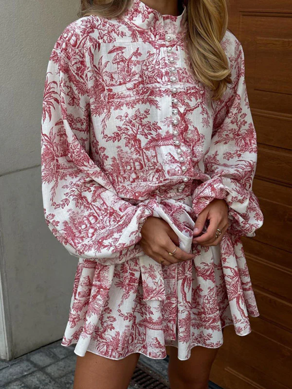 Loose Puff Sleeves Pleated Printed Split-Joint Tied Waist Stand Collar Mini Dresses - Image 5