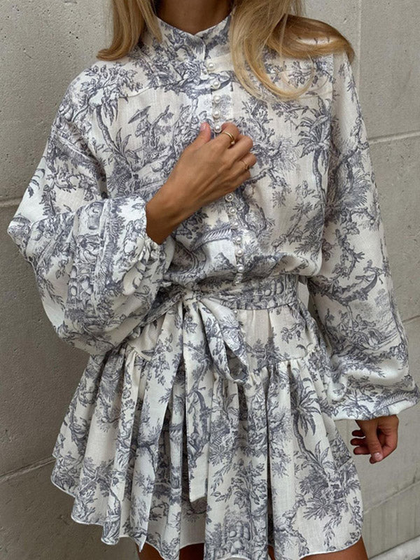 Loose Puff Sleeves Pleated Printed Split-Joint Tied Waist Stand Collar Mini Dresses - Image 7