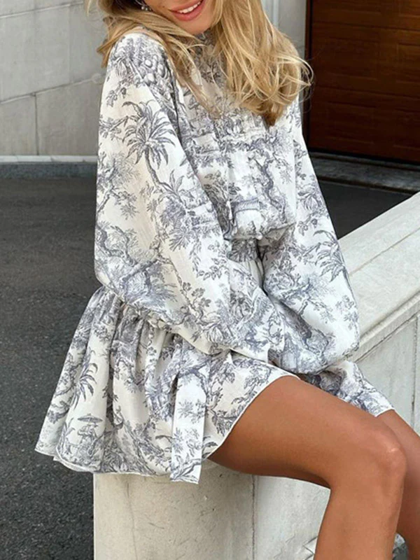 Loose Puff Sleeves Pleated Printed Split-Joint Tied Waist Stand Collar Mini Dresses - Image 8