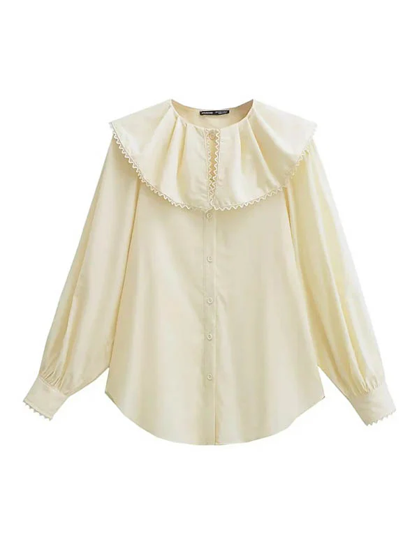 Loose Puff Sleeves Pleated See-Through Solid Color Split-Joint Peter Pan Collar Blouses&Shirts Tops - Image 2