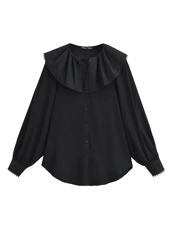 Loose Puff Sleeves Pleated See-Through Solid Color Split-Joint Peter Pan Collar Blouses&Shirts Tops - Image 3