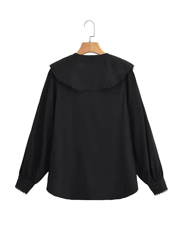 Loose Puff Sleeves Pleated See-Through Solid Color Split-Joint Peter Pan Collar Blouses&Shirts Tops - Image 4
