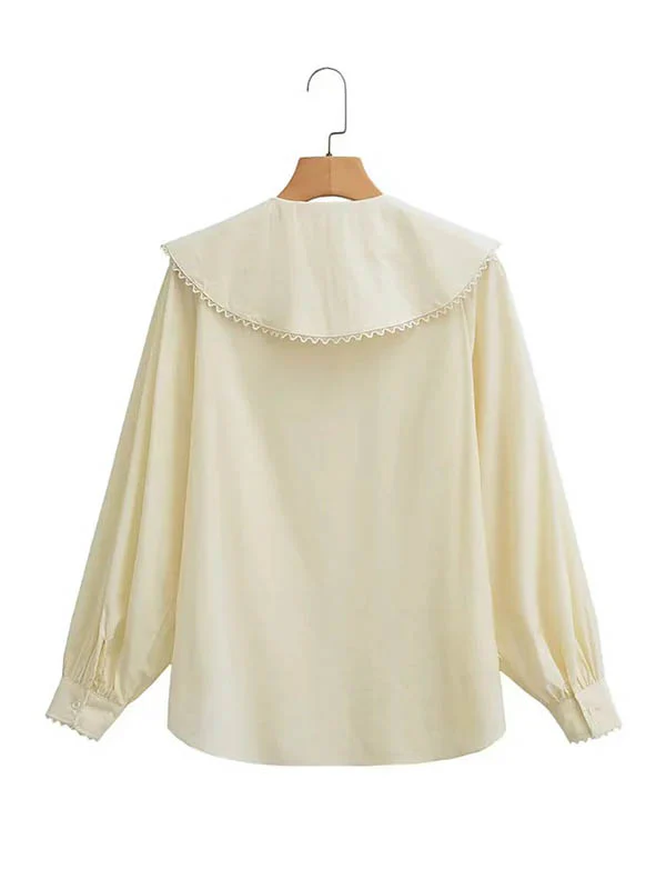 Loose Puff Sleeves Pleated See-Through Solid Color Split-Joint Peter Pan Collar Blouses&Shirts Tops - Image 5