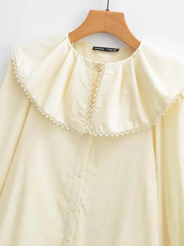 Loose Puff Sleeves Pleated See-Through Solid Color Split-Joint Peter Pan Collar Blouses&Shirts Tops - Image 6