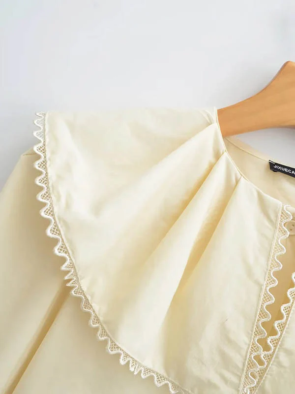 Loose Puff Sleeves Pleated See-Through Solid Color Split-Joint Peter Pan Collar Blouses&Shirts Tops - Image 8