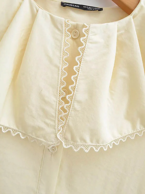 Loose Puff Sleeves Pleated See-Through Solid Color Split-Joint Peter Pan Collar Blouses&Shirts Tops - Image 9