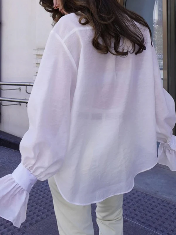 Loose Puff Sleeves Pleated Solid Color Split-Joint Lapel Blouses&Shirts Tops - Image 11