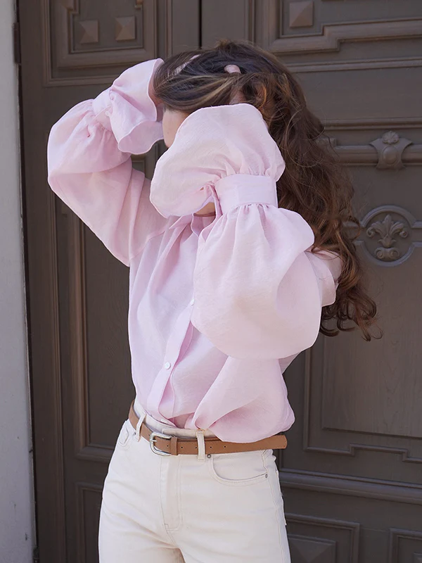 Loose Puff Sleeves Pleated Solid Color Split-Joint Lapel Blouses&Shirts Tops - Image 12