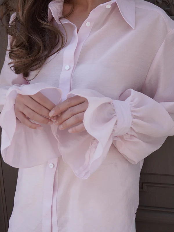 Loose Puff Sleeves Pleated Solid Color Split-Joint Lapel Blouses&Shirts Tops - Image 13