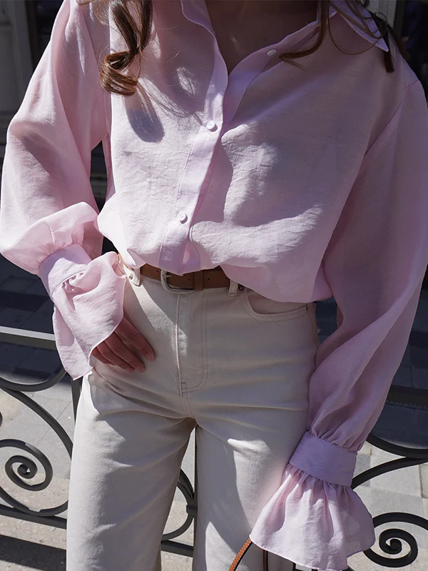 Loose Puff Sleeves Pleated Solid Color Split-Joint Lapel Blouses&Shirts Tops - Image 14