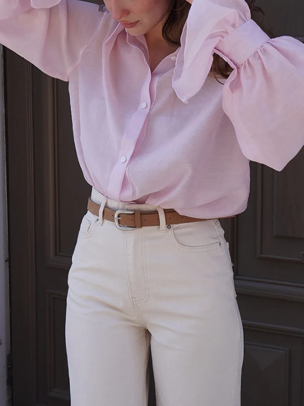 Loose Puff Sleeves Pleated Solid Color Split-Joint Lapel Blouses&Shirts Tops - Image 15