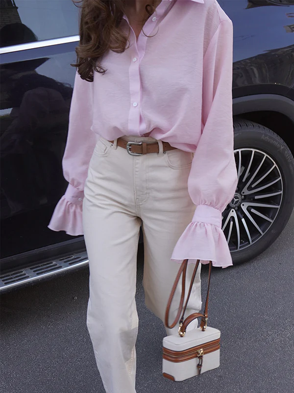 Loose Puff Sleeves Pleated Solid Color Split-Joint Lapel Blouses&Shirts Tops - Image 16