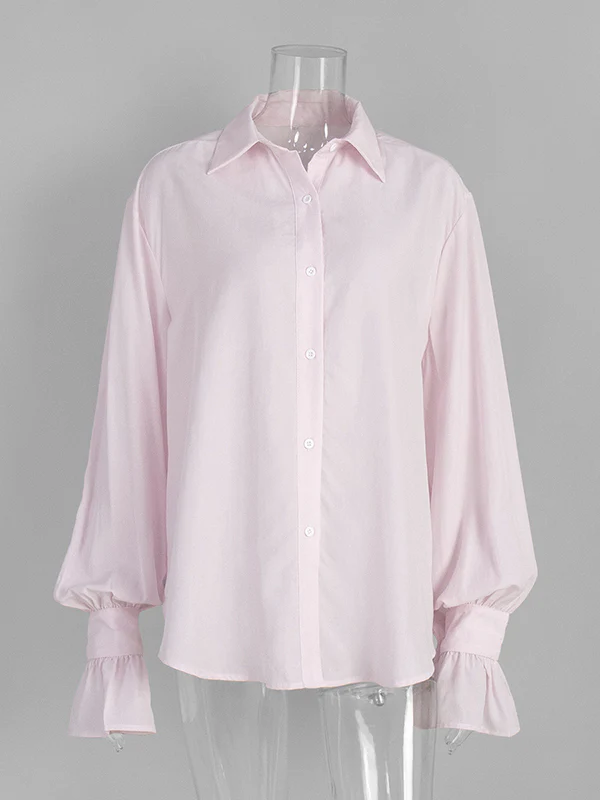 Loose Puff Sleeves Pleated Solid Color Split-Joint Lapel Blouses&Shirts Tops - Image 17
