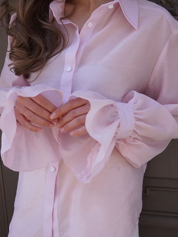 Loose Puff Sleeves Pleated Solid Color Split-Joint Lapel Blouses&Shirts Tops - Image 19