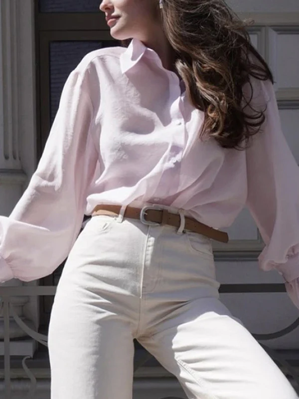 Loose Puff Sleeves Pleated Solid Color Split-Joint Lapel Blouses&Shirts Tops - Image 2