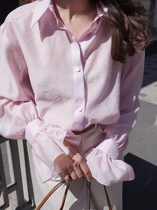 Loose Puff Sleeves Pleated Solid Color Split-Joint Lapel Blouses&Shirts Tops - Image 20