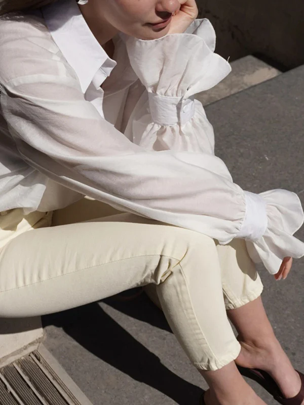 Loose Puff Sleeves Pleated Solid Color Split-Joint Lapel Blouses&Shirts Tops - Image 21