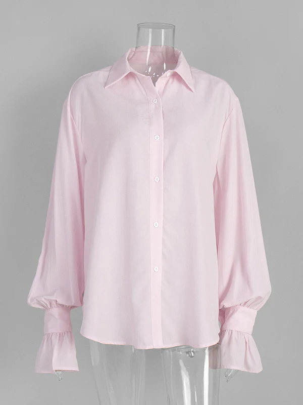 Loose Puff Sleeves Pleated Solid Color Split-Joint Lapel Blouses&Shirts Tops - Image 23