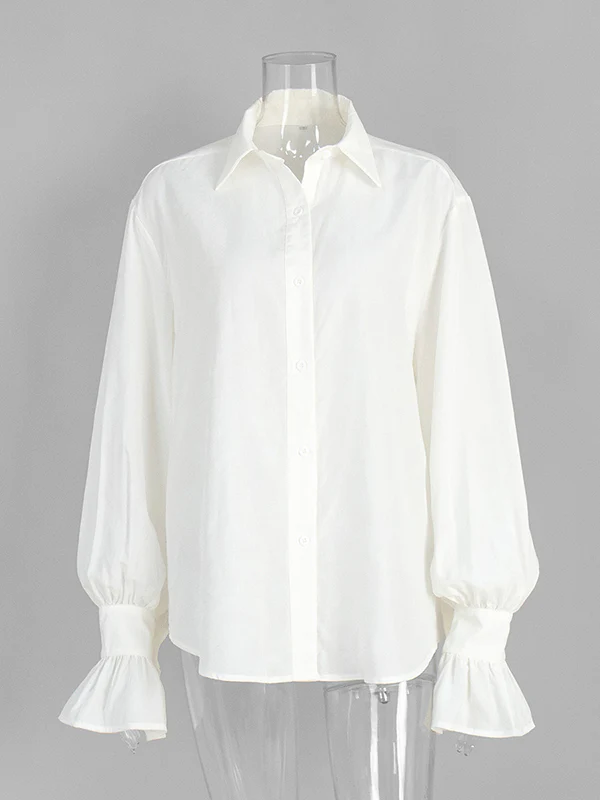 Loose Puff Sleeves Pleated Solid Color Split-Joint Lapel Blouses&Shirts Tops - Image 24