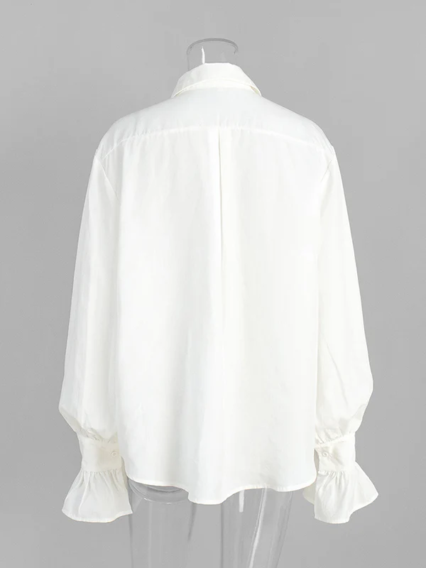 Loose Puff Sleeves Pleated Solid Color Split-Joint Lapel Blouses&Shirts Tops - Image 25