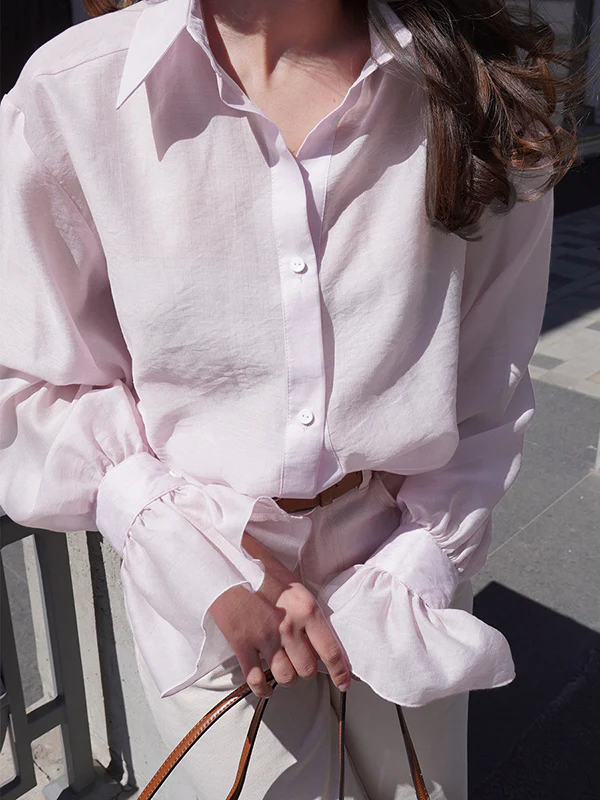 Loose Puff Sleeves Pleated Solid Color Split-Joint Lapel Blouses&Shirts Tops - Image 29