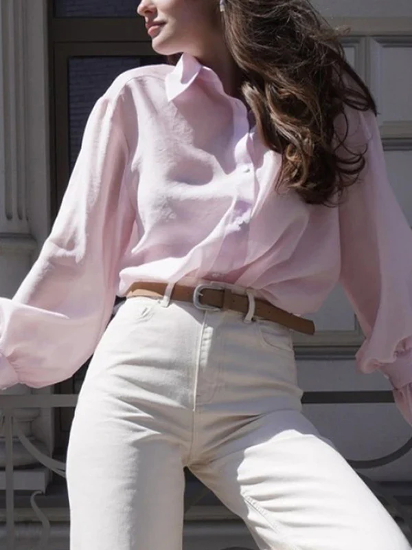 Loose Puff Sleeves Pleated Solid Color Split-Joint Lapel Blouses&Shirts Tops - Image 3