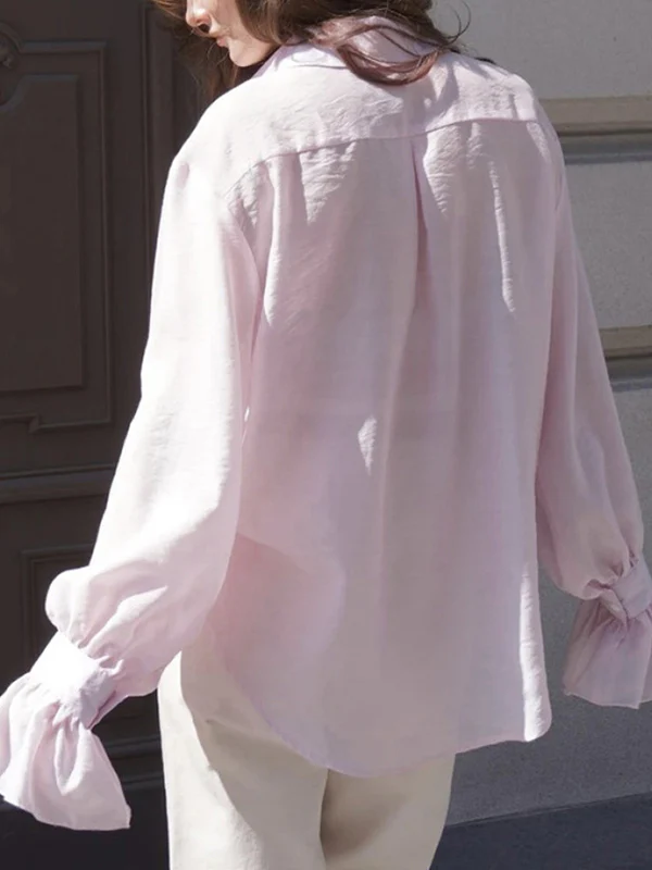 Loose Puff Sleeves Pleated Solid Color Split-Joint Lapel Blouses&Shirts Tops - Image 5