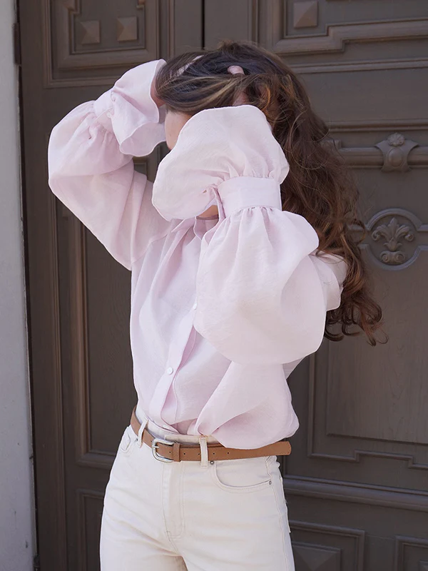 Loose Puff Sleeves Pleated Solid Color Split-Joint Lapel Blouses&Shirts Tops - Image 6