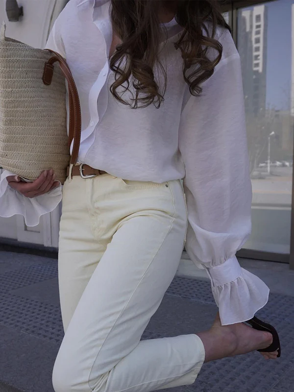 Loose Puff Sleeves Pleated Solid Color Split-Joint Lapel Blouses&Shirts Tops - Image 7