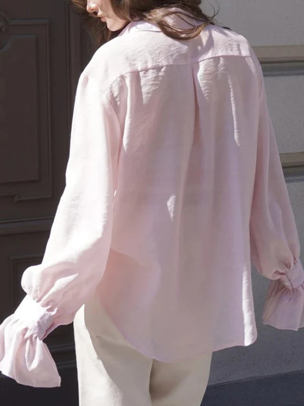 Loose Puff Sleeves Pleated Solid Color Split-Joint Lapel Blouses&Shirts Tops - Image 8