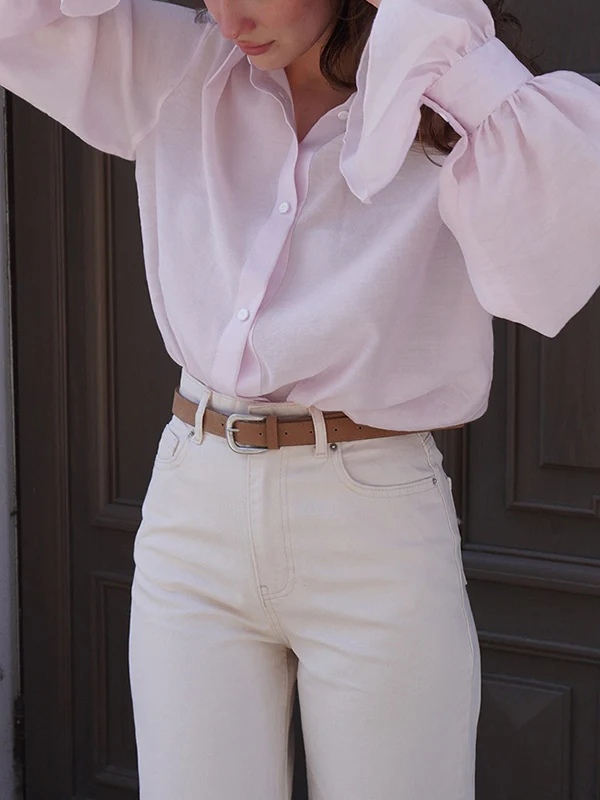 Loose Puff Sleeves Pleated Solid Color Split-Joint Lapel Blouses&Shirts Tops - Image 9