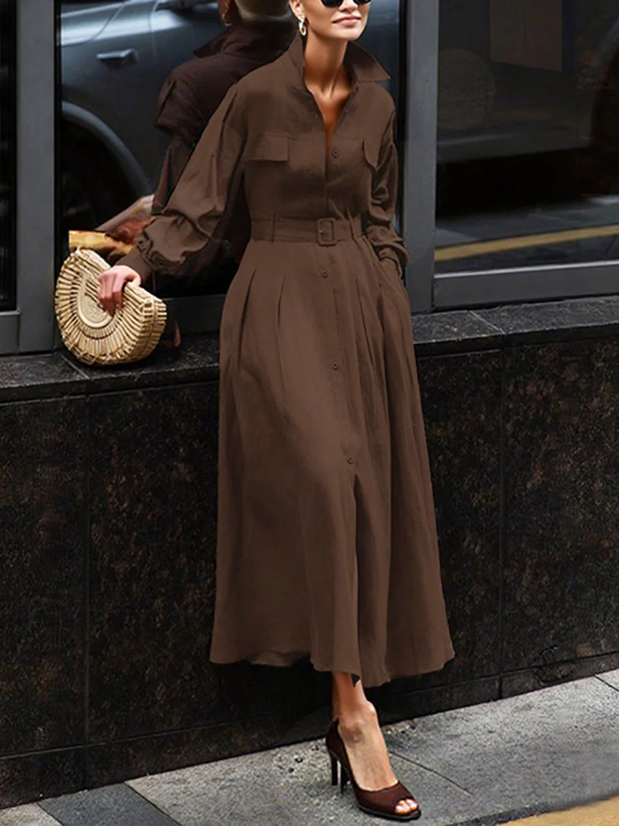 Loose Puff Sleeves Pleated Solid Color Split-Joint Lapel Maxi Dresses Shirt Dress