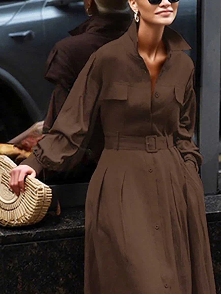 Loose Puff Sleeves Pleated Solid Color Split-Joint Lapel Maxi Dresses Shirt Dress - Image 2