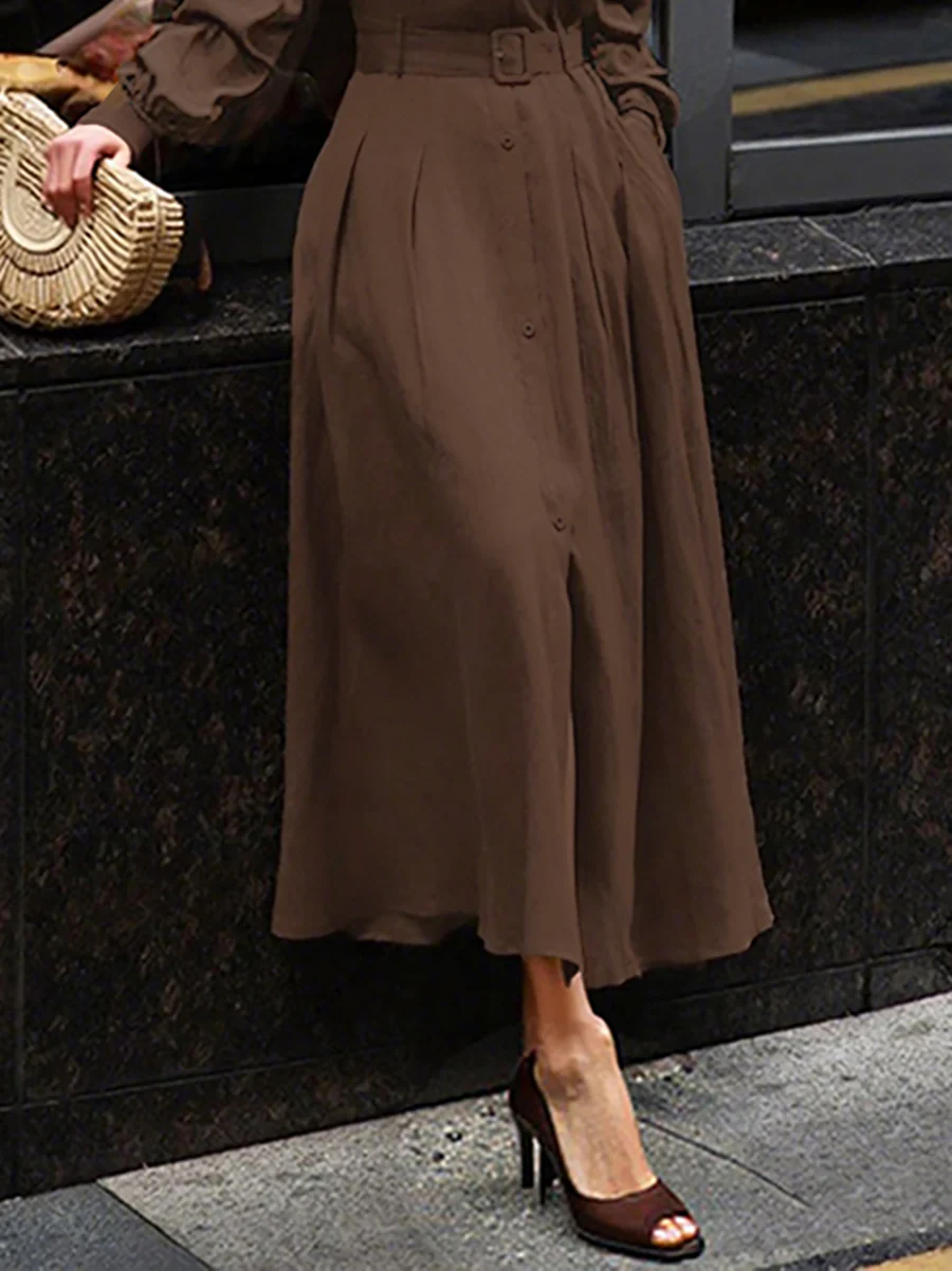 Loose Puff Sleeves Pleated Solid Color Split-Joint Lapel Maxi Dresses Shirt Dress - Image 3