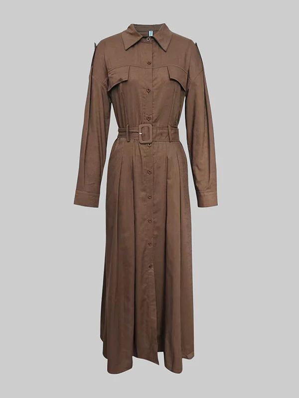 Loose Puff Sleeves Pleated Solid Color Split-Joint Lapel Maxi Dresses Shirt Dress - Image 4