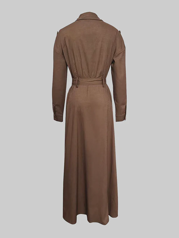 Loose Puff Sleeves Pleated Solid Color Split-Joint Lapel Maxi Dresses Shirt Dress - Image 5