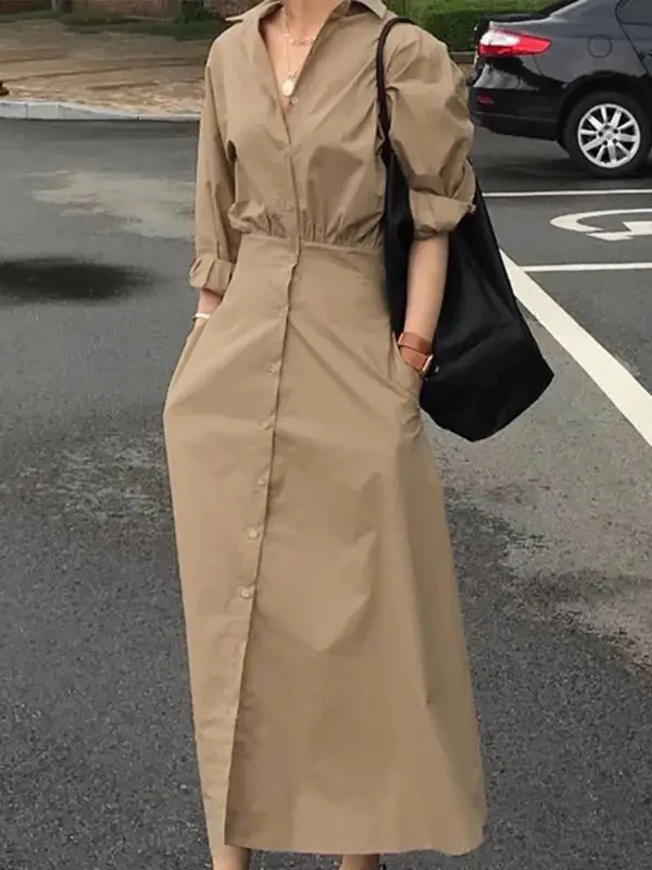 Loose Puff Sleeves Pleated Solid Color Split-Joint Lapel Maxi Dresses Shirt Dress - Image 2