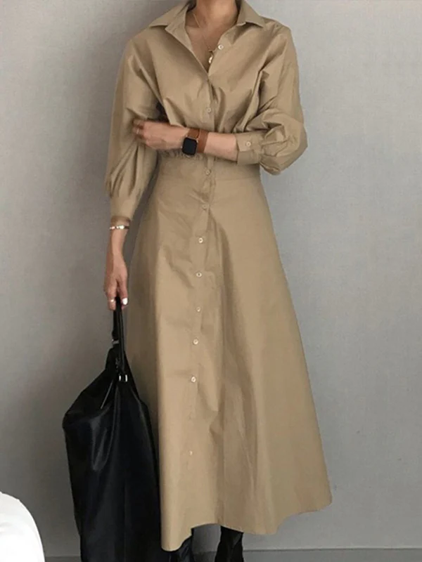Loose Puff Sleeves Pleated Solid Color Split-Joint Lapel Maxi Dresses Shirt Dress - Image 3