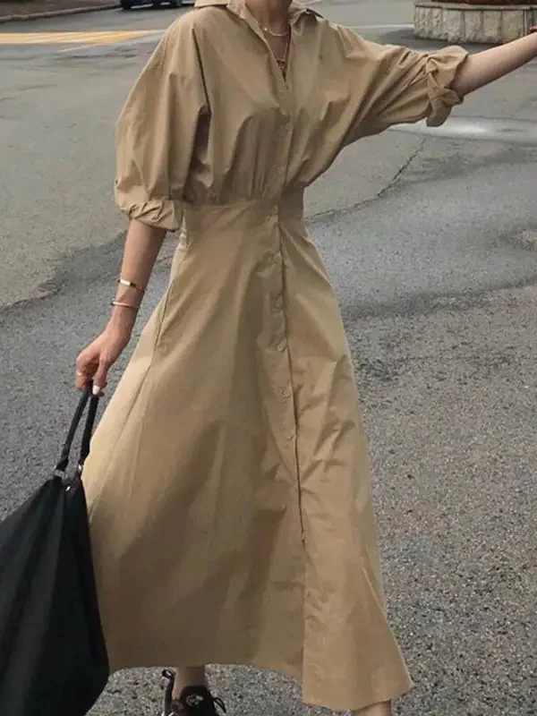 Loose Puff Sleeves Pleated Solid Color Split-Joint Lapel Maxi Dresses Shirt Dress - Image 4