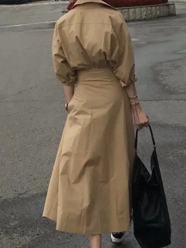Loose Puff Sleeves Pleated Solid Color Split-Joint Lapel Maxi Dresses Shirt Dress - Image 5