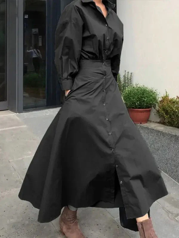 Loose Puff Sleeves Pleated Solid Color Split-Joint Lapel Maxi Dresses Shirt Dress - Image 6