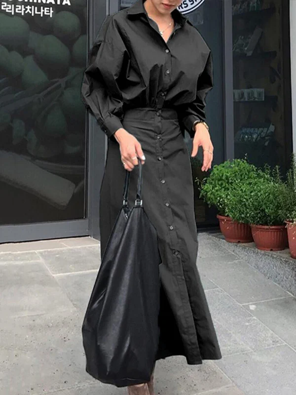 Loose Puff Sleeves Pleated Solid Color Split-Joint Lapel Maxi Dresses Shirt Dress - Image 7