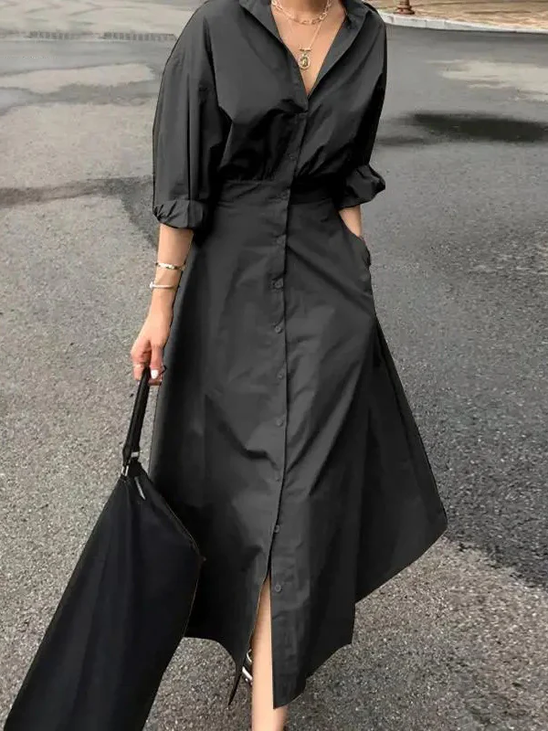 Loose Puff Sleeves Pleated Solid Color Split-Joint Lapel Maxi Dresses Shirt Dress - Image 8