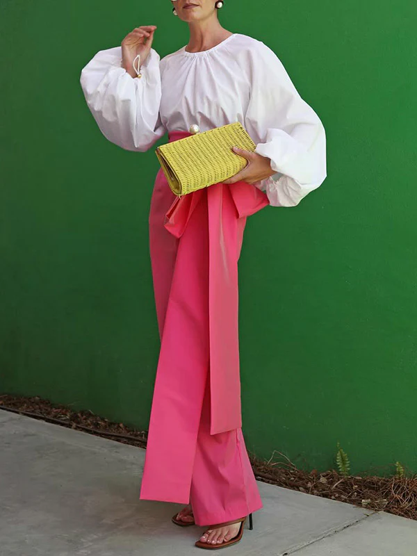 Loose Puff Sleeves Pleated Solid Color Split-Joint Round-Neck Blouses&Shirts Tops - Image 2