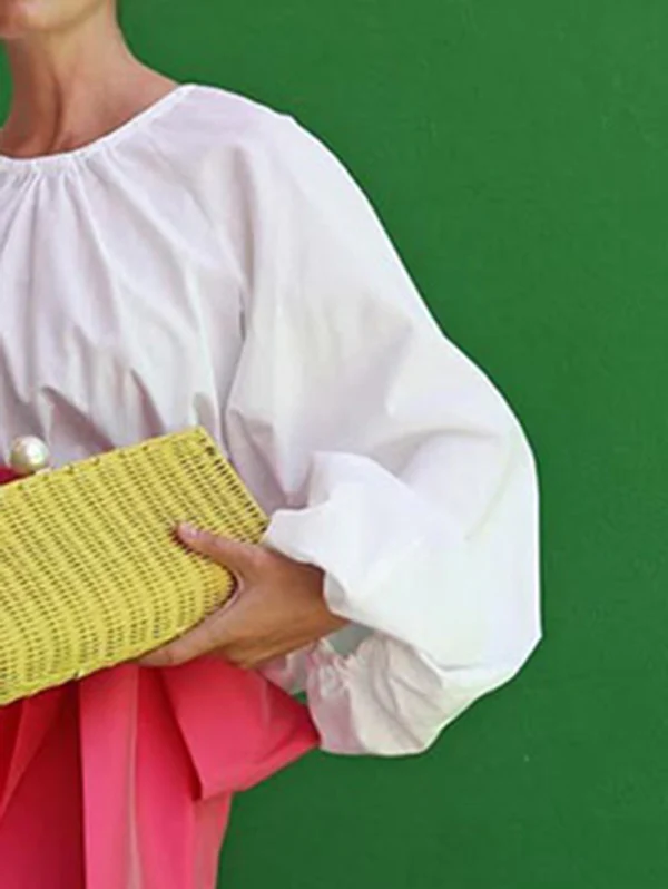 Loose Puff Sleeves Pleated Solid Color Split-Joint Round-Neck Blouses&Shirts Tops - Image 4