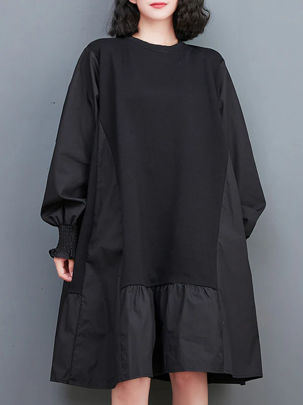 Loose Puff Sleeves Pleated Solid Color Split-Joint Round-neck Midi Dresses - Image 2