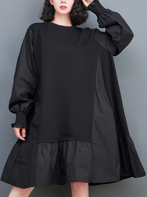 Loose Puff Sleeves Pleated Solid Color Split-Joint Round-neck Midi Dresses - Image 3