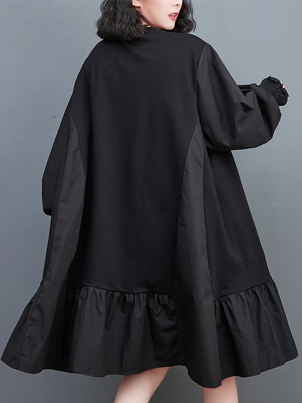 Loose Puff Sleeves Pleated Solid Color Split-Joint Round-neck Midi Dresses - Image 4