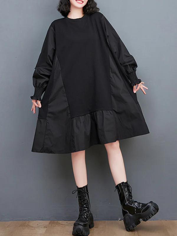 Loose Puff Sleeves Pleated Solid Color Split-Joint Round-neck Midi Dresses - Image 5